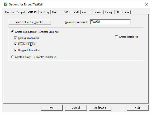 Choose Creat HEX File Output Option for Target Project