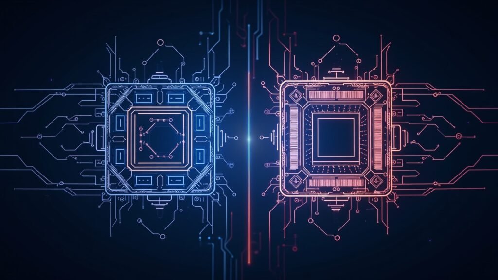 A digital illustration contrasting RISC and CISC architectures