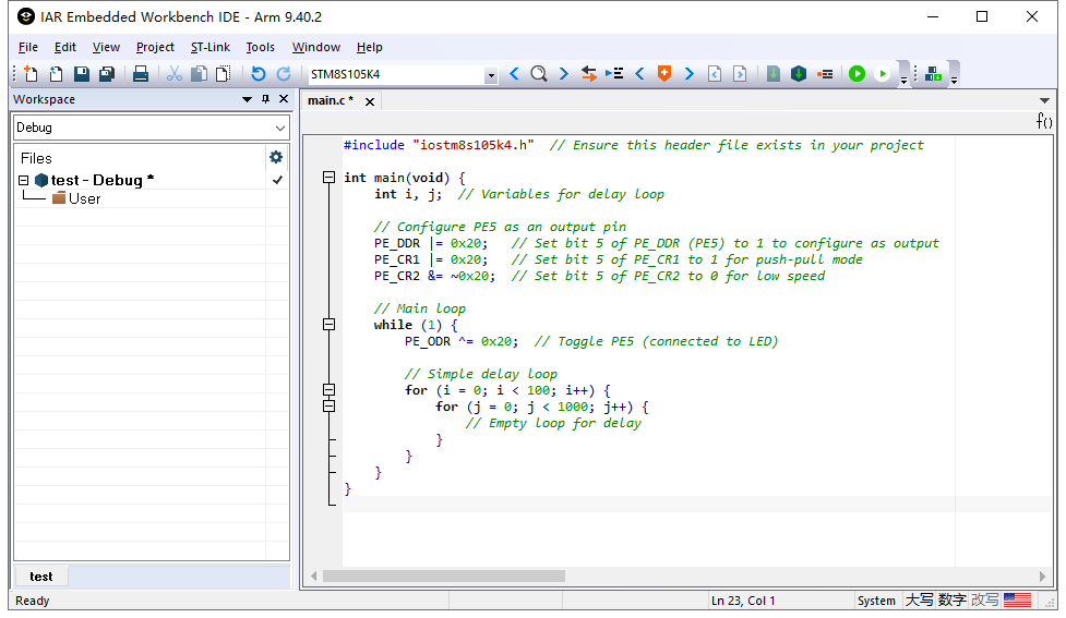 Add LED blinking code to main.c file for STM8S105K4 project