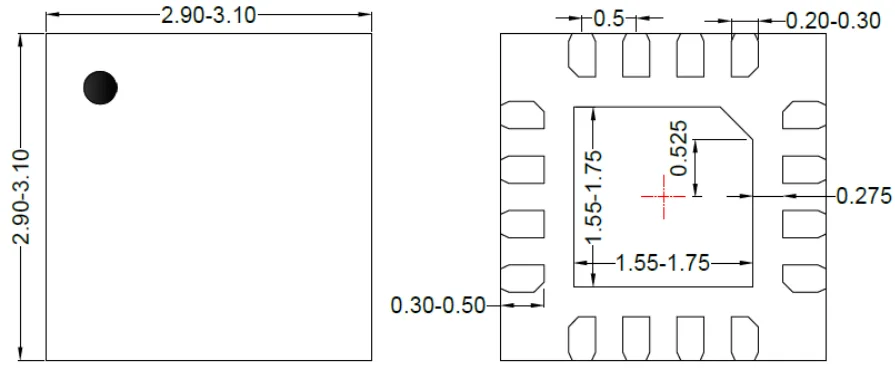 Example of a dimension diagram basing on QFN package component