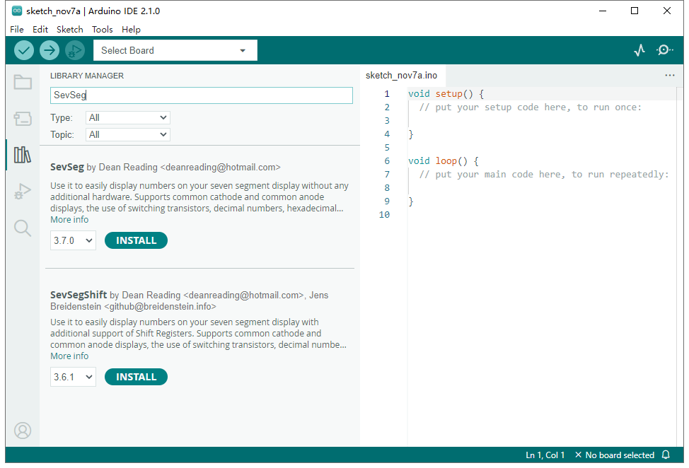 Install SevSeg library on Arduino