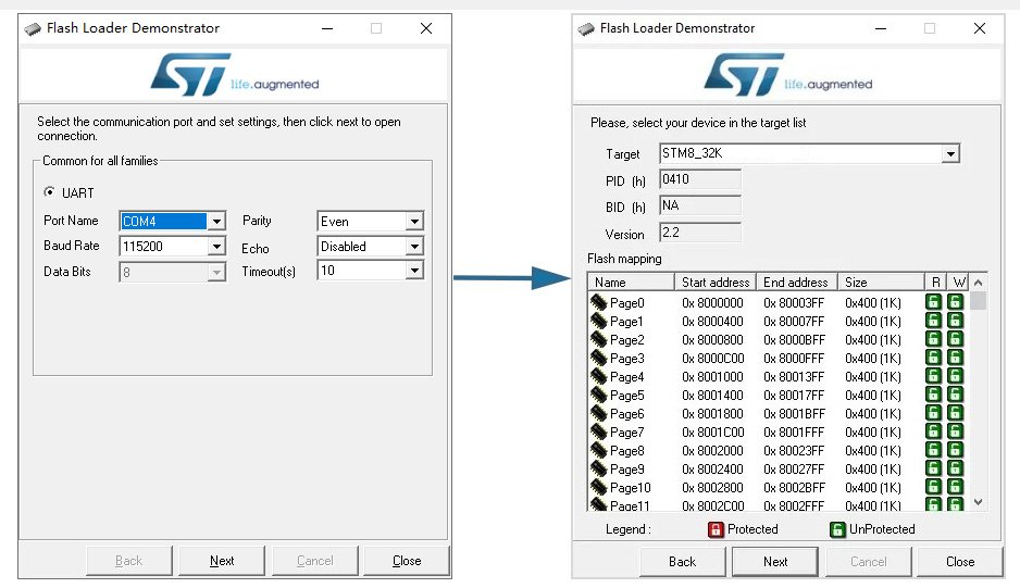 Select the communication port and device for STM8 development board