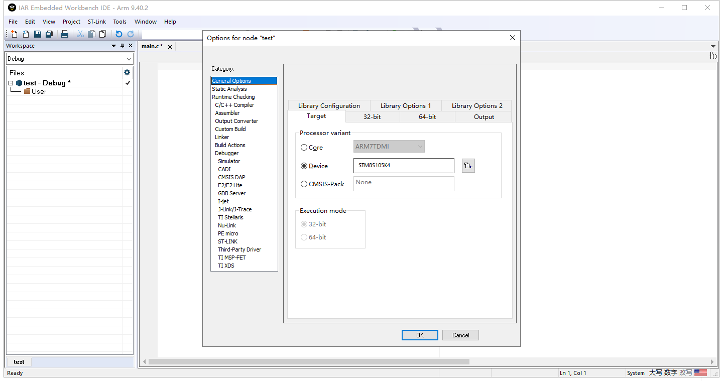 Set target device STM8S105K4 in project options