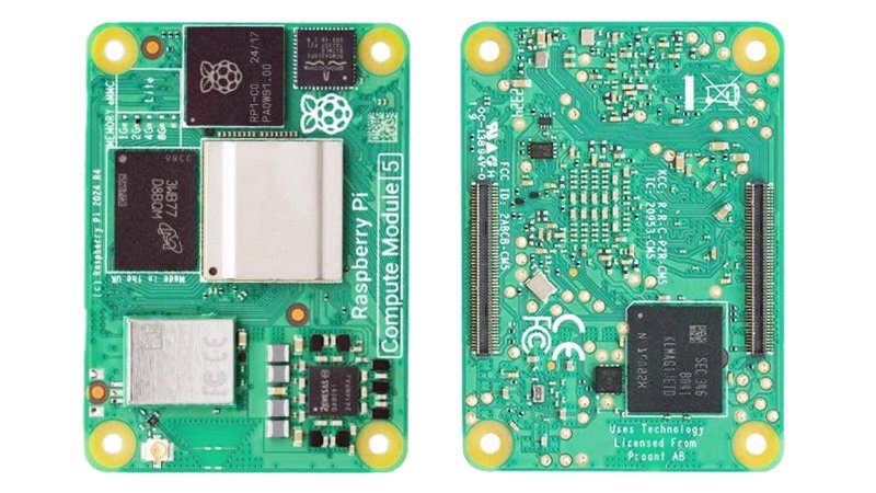 Raspberry Pi Compute Module 5 front view and back view