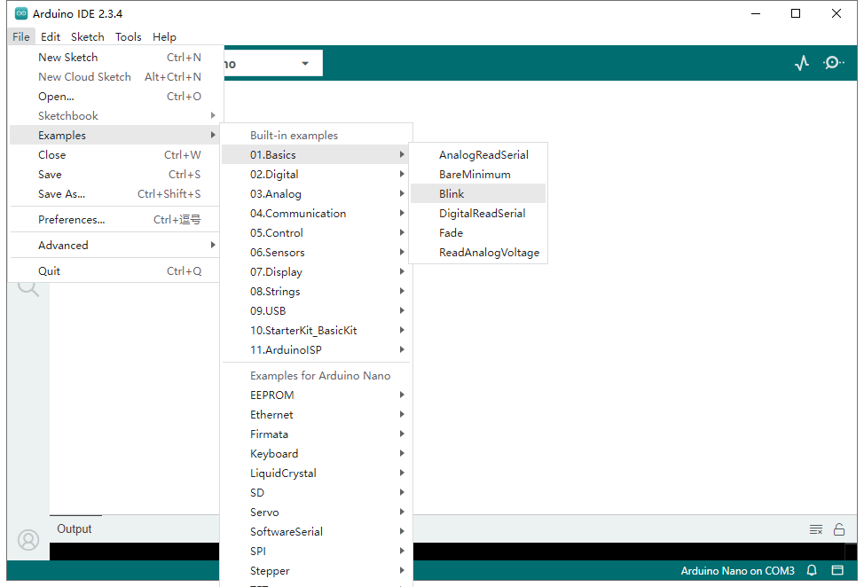 Select Built in Examples for Arduino Nano