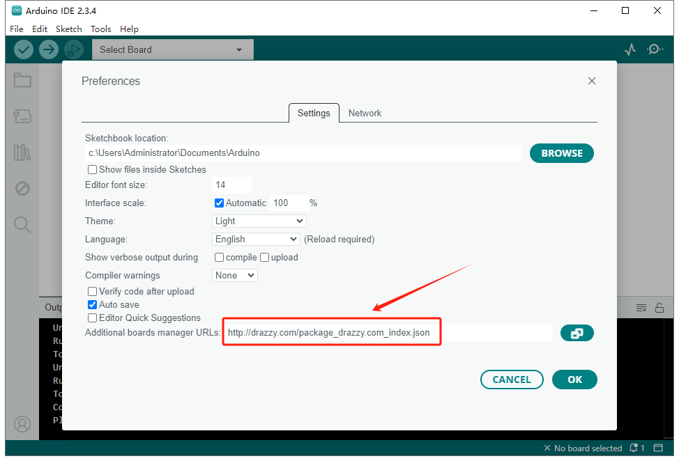 Setting Boards Manager URLs on Arduino IDE