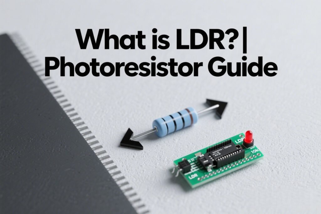 Image showing an LDR photoresistor and a circuit board with the text What is LDR Photoresistor Guide