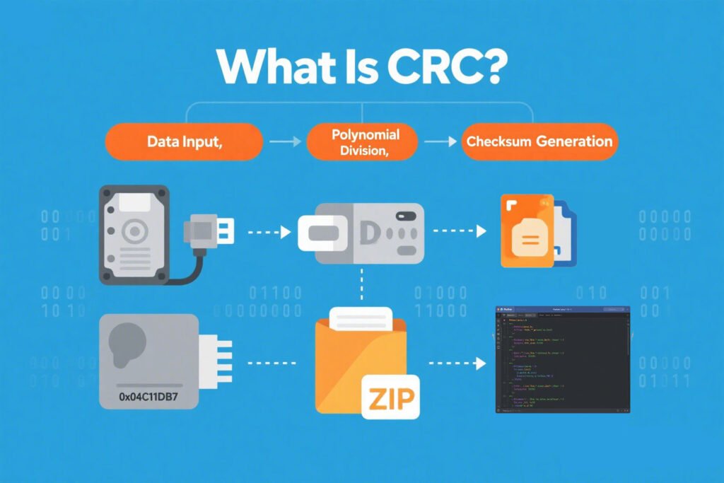 What Is CRC – Infographic Explaining Cyclic Redundancy Check Process with Data Input Polynomial Division and Checksum Generation