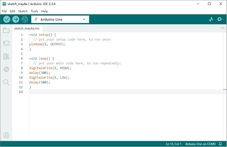 How to Refresh Board Code in Arduino IDE? 4 Arduino IDE 2.3.6 interface showing code for blinking LED on pin 5