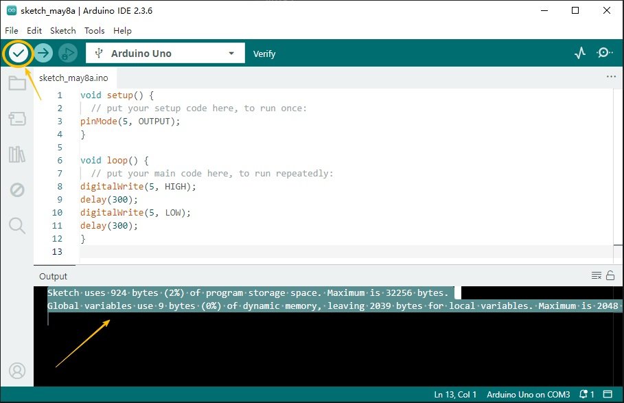 How to Refresh Board Code in Arduino IDE? 5 Arduino IDE 2.3.6 verify button and compilation output for a sketch