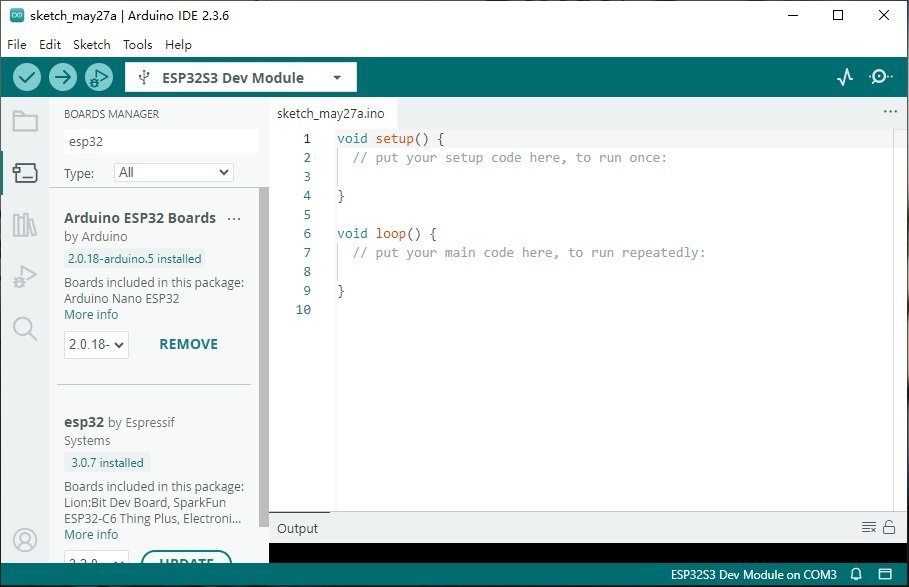 LilyGO T-Display S3 Setup and Example Tutorial 3 Arduino IDE Boards Manager showing installed ESP32 board packages