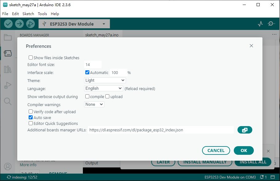 LilyGO T-Display S3 Setup and Example Tutorial 2 Arduino IDE Preferences window with ESP32 board manager URL configured