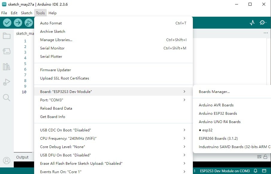 LilyGO T-Display S3 Setup and Example Tutorial 5 Arduino IDE Tools menu with ESP32S3 Dev Module selected