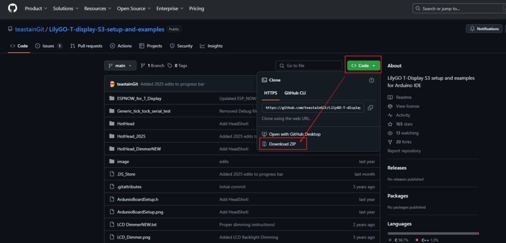 LilyGO T-Display S3 Setup and Example Tutorial 4 GitHub repository page showing Download ZIP option for LilyGO T Display S3 project
