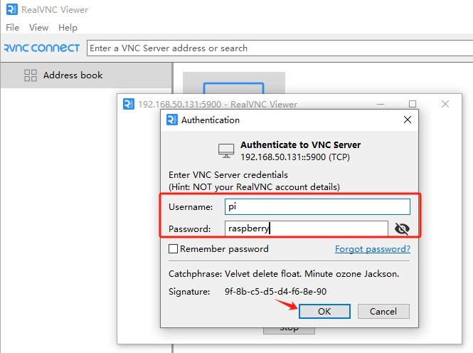 How to Use VNC for Raspberry Pi Remote Access? 7 RealVNC Viewer authentication window showing fields for username and password with default values filled in