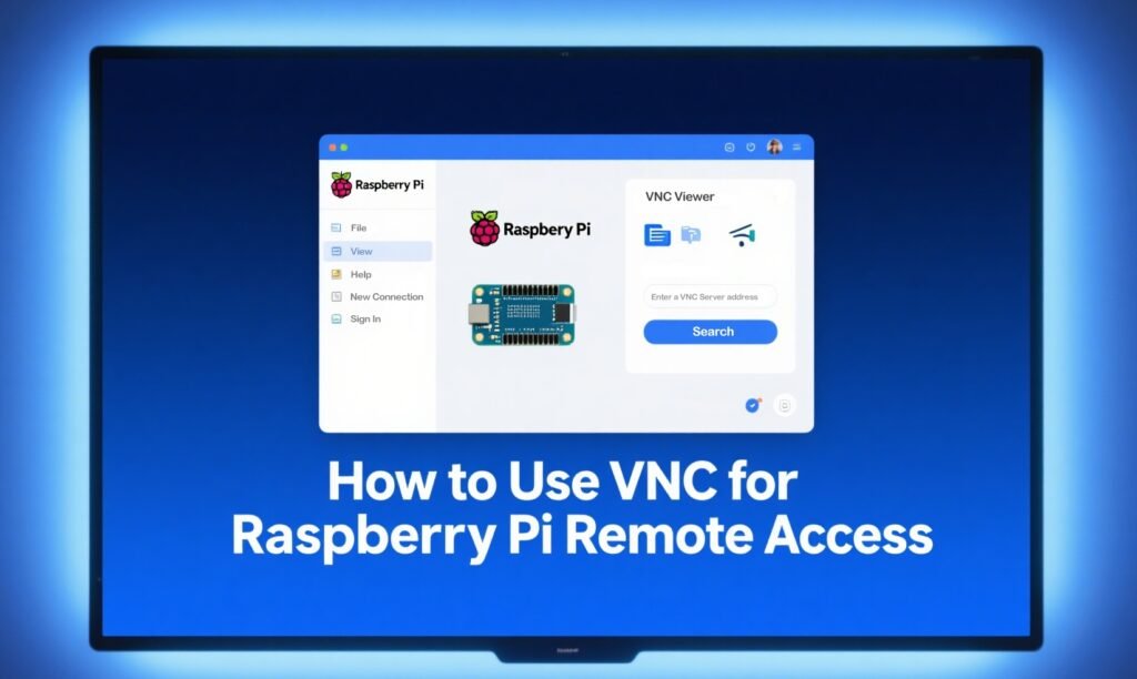 Thumbnail for the article How to Use VNC for Raspberry Pi Remote Access showing a high tech screen with Raspberry Pi desktop interface and a blue white color scheme