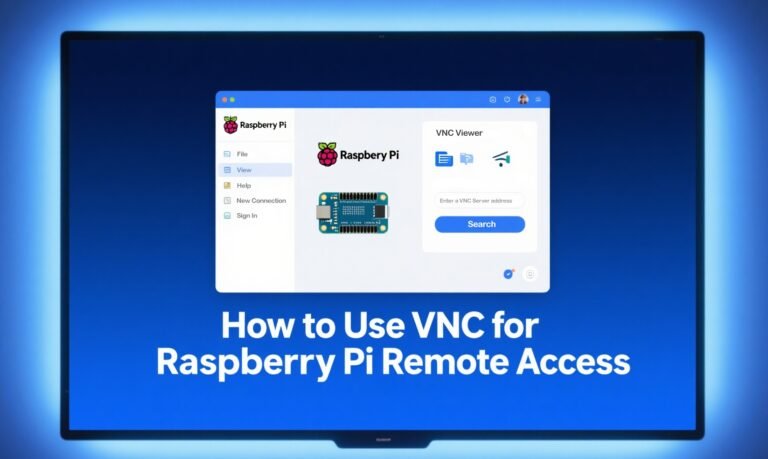 Home 12 Thumbnail for the article How to Use VNC for Raspberry Pi Remote Access showing a high tech screen with Raspberry Pi desktop interface and a blue white color scheme