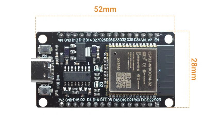 eSP32 wroom dev board pins 1 Top view of the ESP32 WROOM development board with dimensions of 52mm×28mm