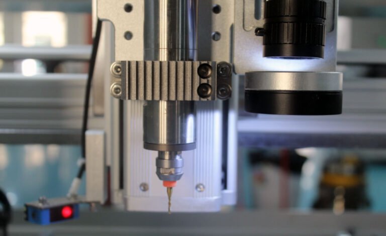 A close - up view of a PCB cutting machine with a metallic spindle and a small drill bit, ready for operation.