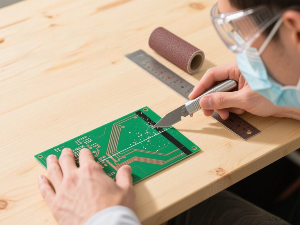 How to Cut PCBs? Essential Tools, Methods and Expert Guides 1 A person wearing transparent goggles and a light - blue mask is manually scoring and snapping a green circuit board on a light - colored wooden workbench.
