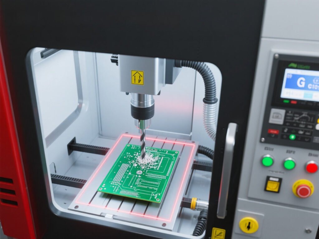 How to Cut PCBs? Essential Tools, Methods and Expert Guides 2 A precision CNC machine with black and red body is processing a green printed circuit board. The operation panel has multiple buttons and a display showing the "G" character, and some debris is generated during the processing.