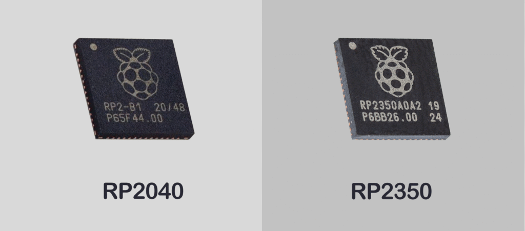 RP2040 - Raspberry Pi's Microcontroller Breakdown 7 A side by side comparison image of RP2040 and RP2350 microchips labeled with their respective names
