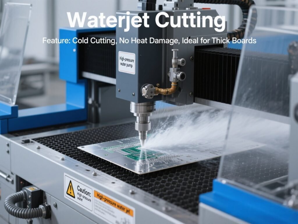 How to Cut PCBs? Essential Tools, Methods and Expert Guides 4 A waterjet cutting machine is cutting a circuit board, with high - pressure water jetting from the cutting head and obvious water mist around it. There are warning signs on the blue - gray machine.