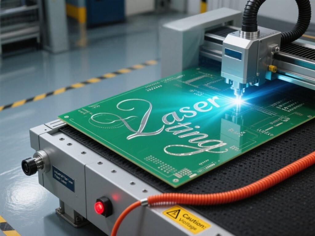 How to Cut PCBs? Essential Tools, Methods and Expert Guides 3 An industrial fiber laser marking machine is engraving "Laser Cutting" in silver letters on a green circuit board. The machine emits bright blue light from the laser head.