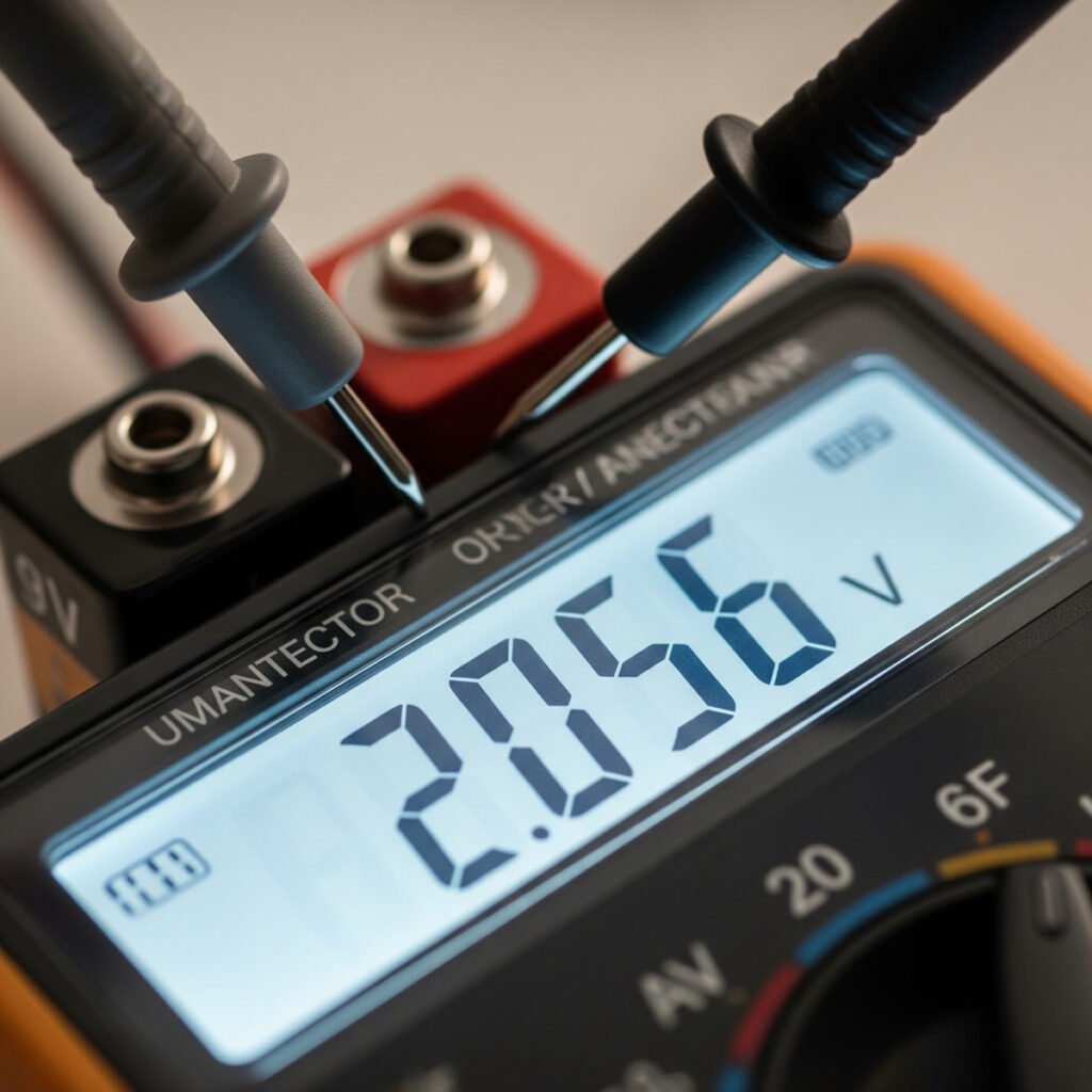 A close up of a multimeter displaying a voltage reading while its probes are connected to a 9V battery