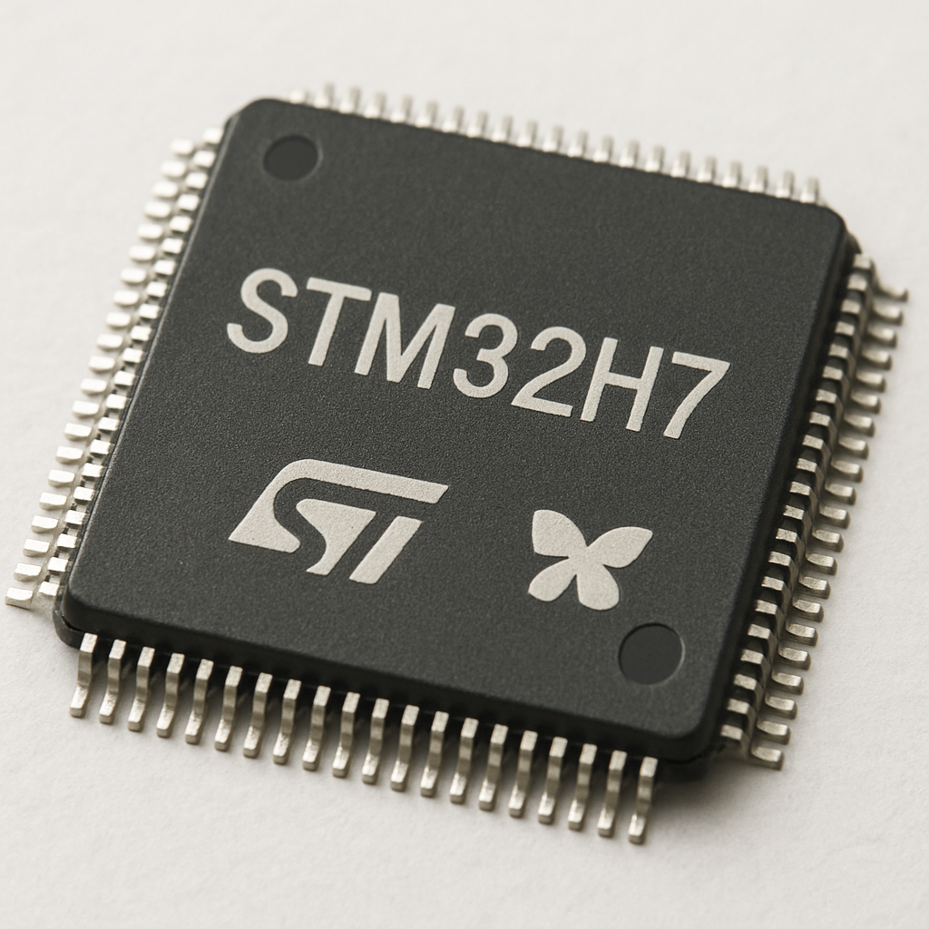 Getting Started with STM32H7 Development Boards 1 Close-up of an STM32H7 series microcontroller chip, black in color with silver pins and the STMicroelectronics logo.