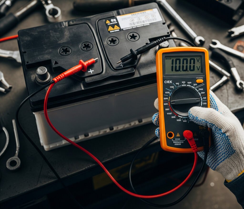 A gloved hand uses a digital multimeter to test the voltage of a car battery, showing a reading of 10.0V.