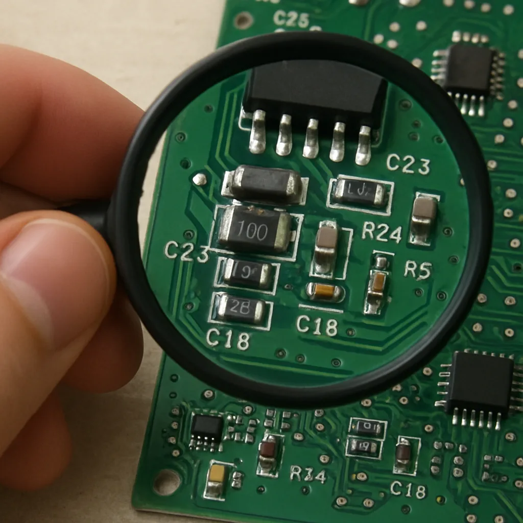 Effective Circuit Board Testing: Step-by-Step Guide 8 A hand holding a magnifying glass over a green printed circuit board showing various electronic components like resistors and integrated circuits with markings such as 100 C23 R24