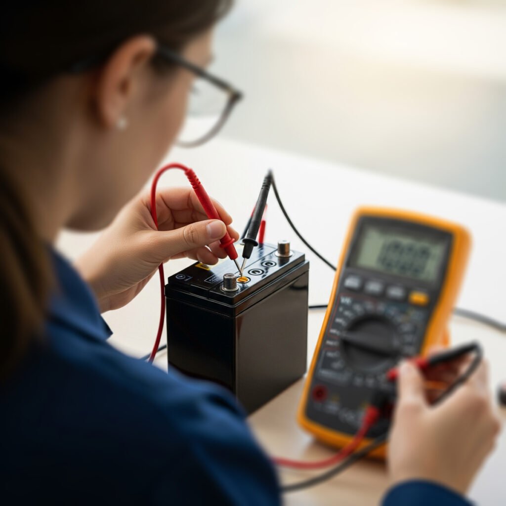 A person carefully connects the red probe of an orange digital multimeter to the positive terminal of a black car battery