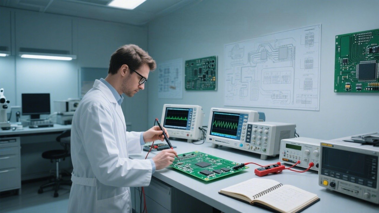 PCB Design 16 A person in a white lab coat is using test equipment to examine a green printed circuit board in a well equipped electronics laboratory