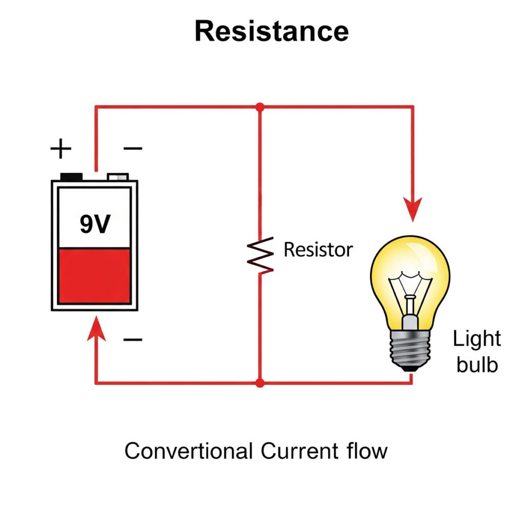 A simple electrical circuit diagram showing a battery, a resistor, and a light bulb, with red arrows indicating conventional current flow
