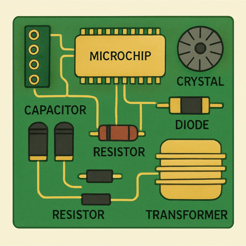 Effective Circuit Board Testing: Step-by-Step Guide 1 A simplified illustration of an electronic circuit board featuring various components such as a microchip crystal capacitor diode resistors and a transformer