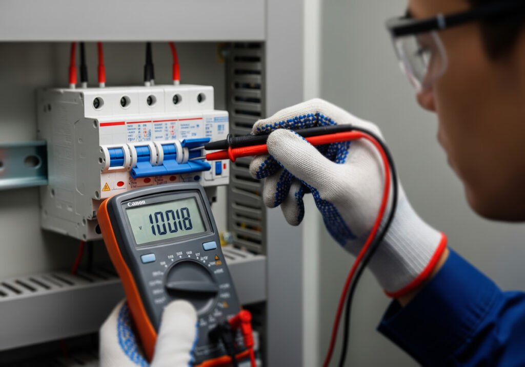A technician uses a multimeter to test a circuit breaker in an electrical panel