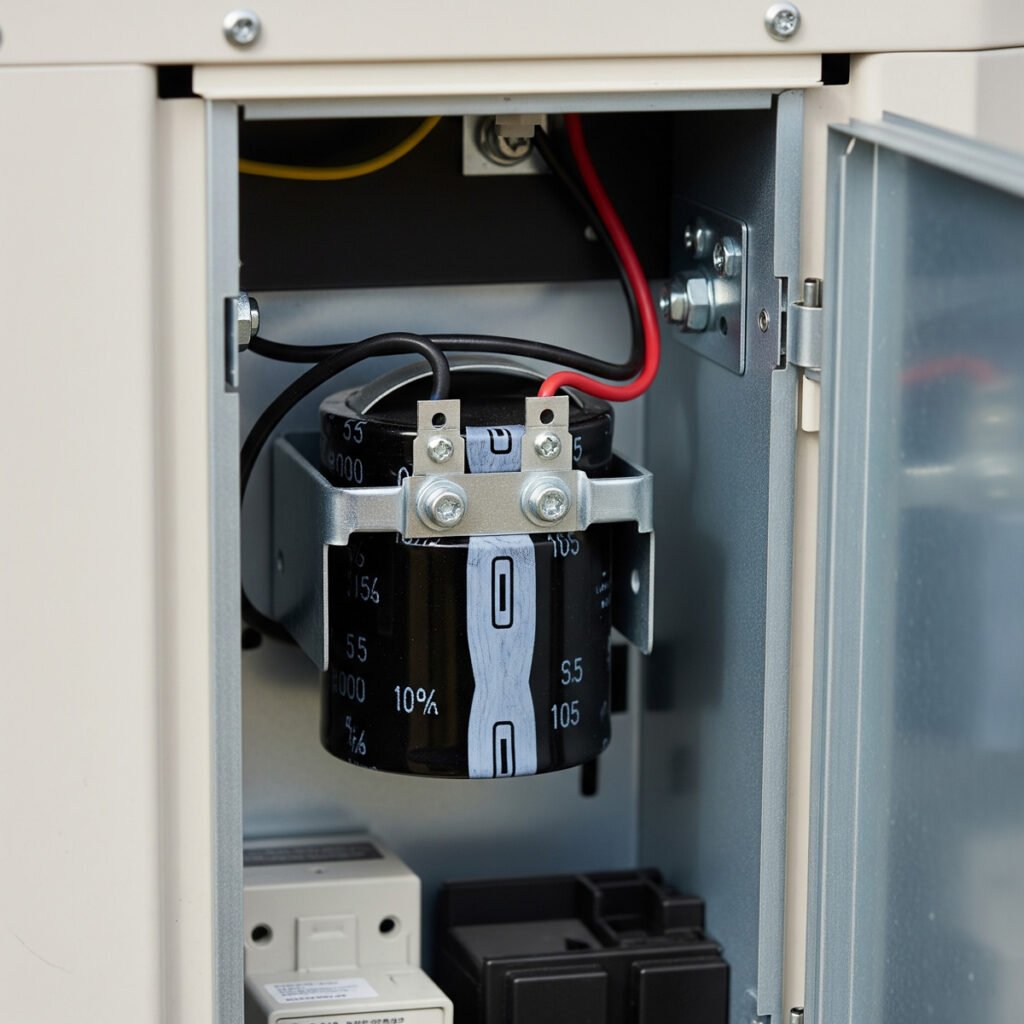 The typical location and appearance of an AC capacitor within an outdoor HVAC unit.