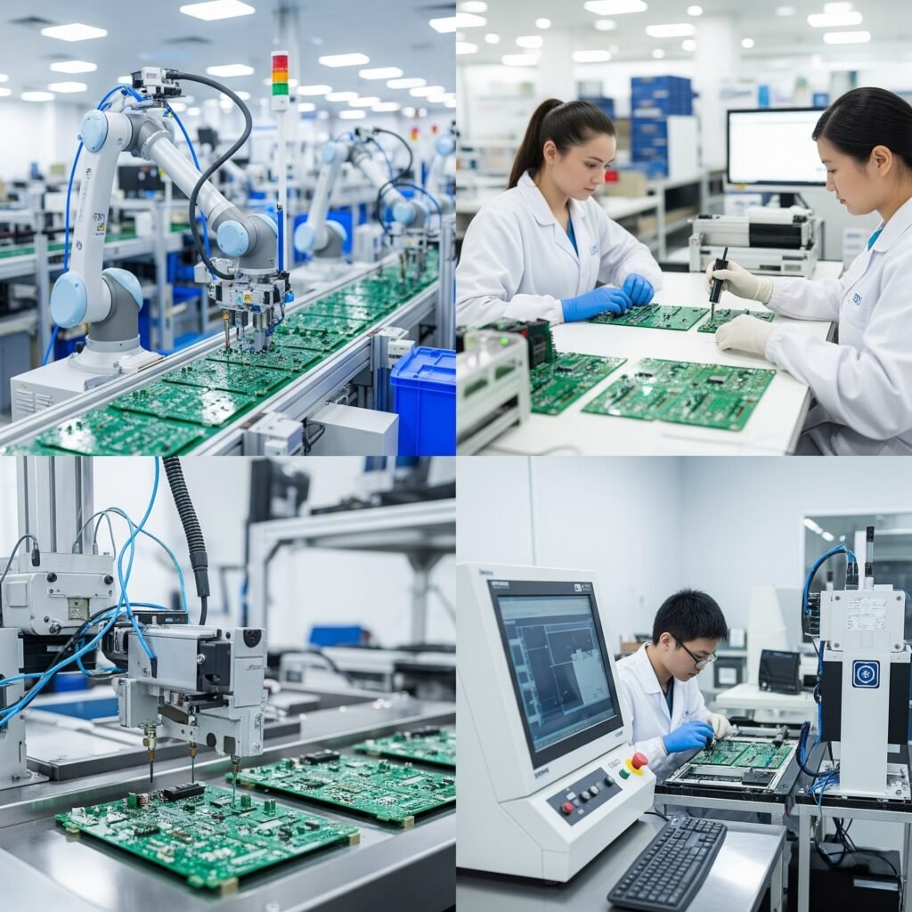 Electronic Manufacturing Services: A Comprehensive Guide 2 Images depicting a modern electronics manufacturing environment, including robotic arms assembling circuit boards, technicians in lab coats and gloves manually working on circuit boards, and a worker operating a computer - controlled inspection or manufacturing device.