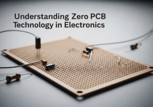 IC Reverse Engineering 39 A close-up of a partially populated zero PCB with electronic components and wires against a neutral background. The text "Understanding Zero PCB Technology in Electronics" is overlaid at the top.