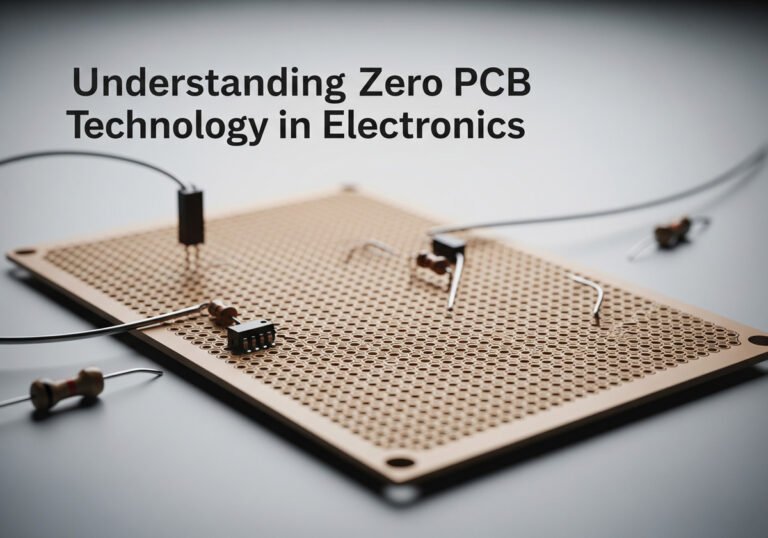 A close-up of a partially populated zero PCB with electronic components and wires against a neutral background. The text "Understanding Zero PCB Technology in Electronics" is overlaid at the top.