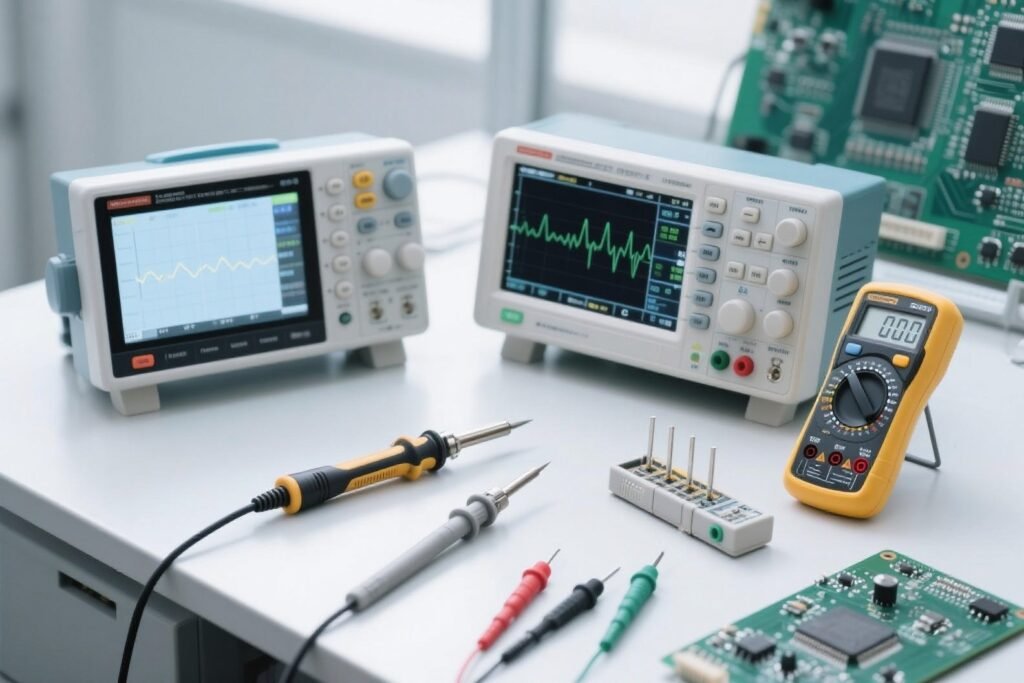 Effective Circuit Board Testing: Step-by-Step Guide 3 Circuit board testing tools two oscilloscopes multimeter soldering tools probes and PCBs