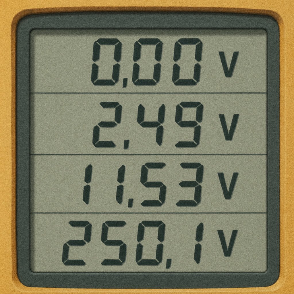 Close-up of a digital multimeter screen displaying four different voltage readings: 0.00 V, 2.49 V, 11.53 V, and 250.1 V.