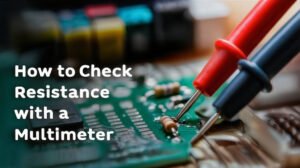 IC Reverse Engineering 40 Close-up of multimeter probes measuring resistance on a circuit board. Text overlay reads "How to Theck Resistance with a Multimeter"