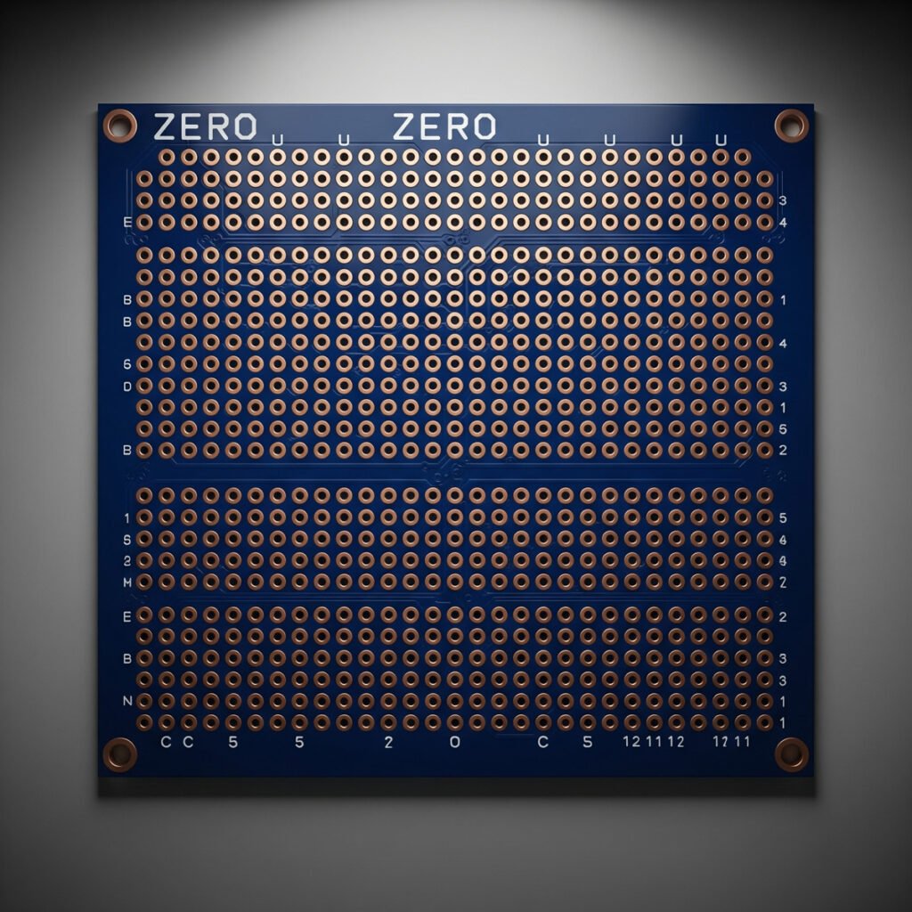 Understanding Zero PCB Technology in Electronics 1 A top-down view of a blank, blue Zero PCB with a grid of copper pads and the word "ZERO" printed on the surface