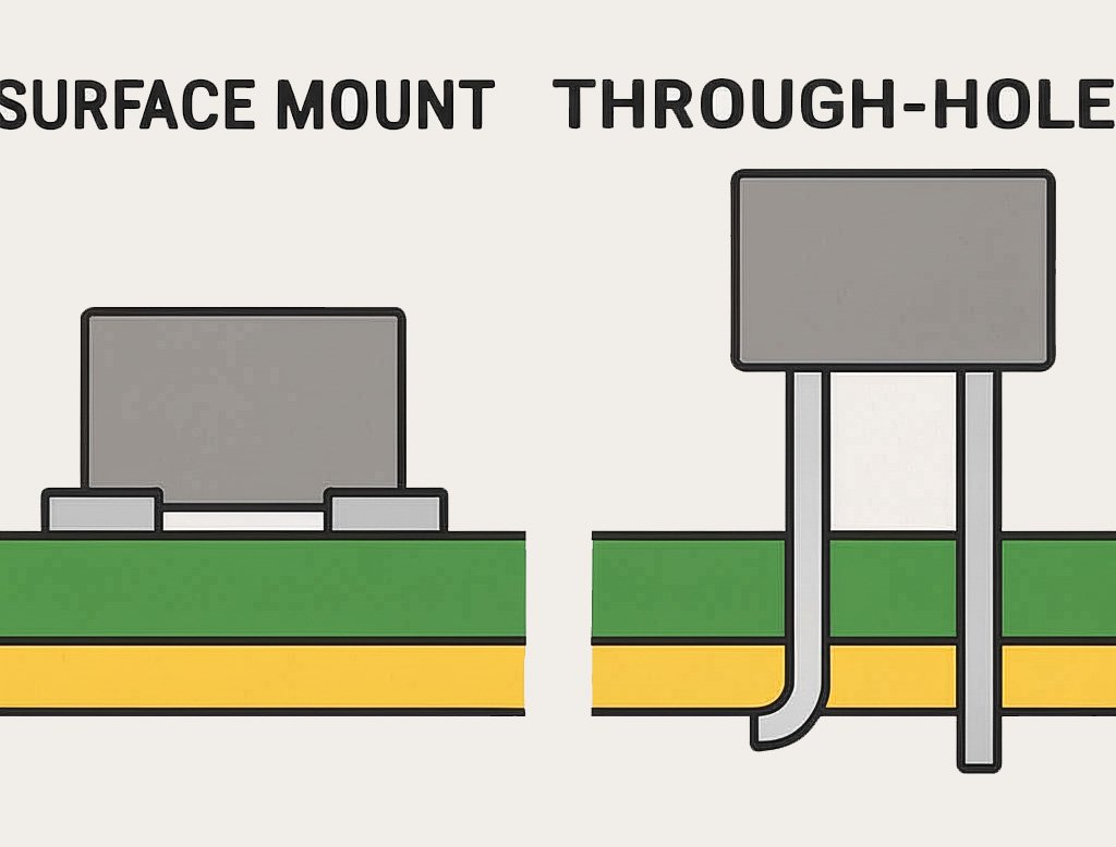 Comparison of Surface Mount and Through Hole Techniques 3 Comparative illustration of surface mount and through hole component mounting on a PCB