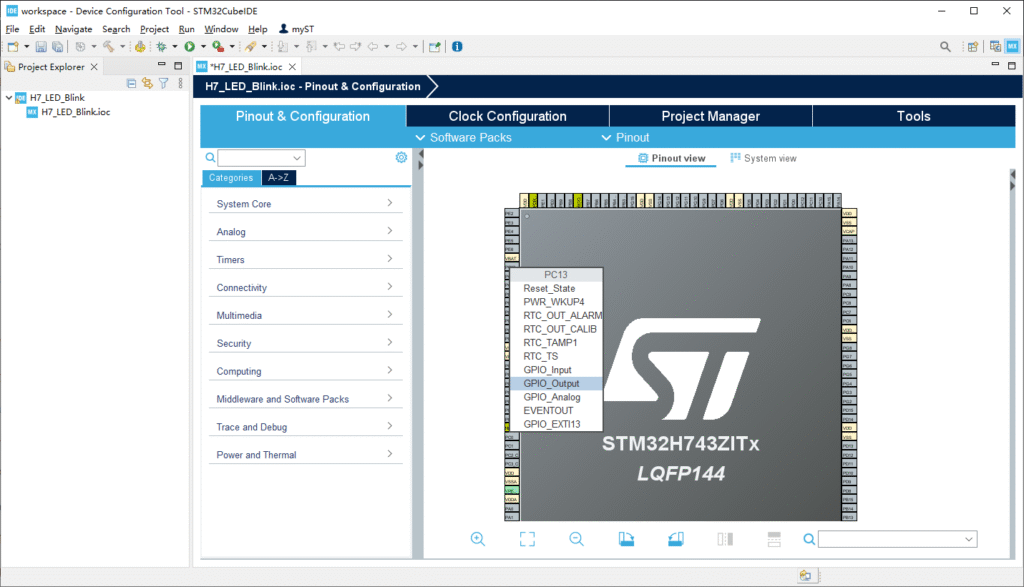 Getting Started with STM32H7 Development Boards 10 STM32CubeIDE Pinout & Configuration tab showing PC13 pin selected on the chip diagram with "GPIO_Output" option in a context menu.