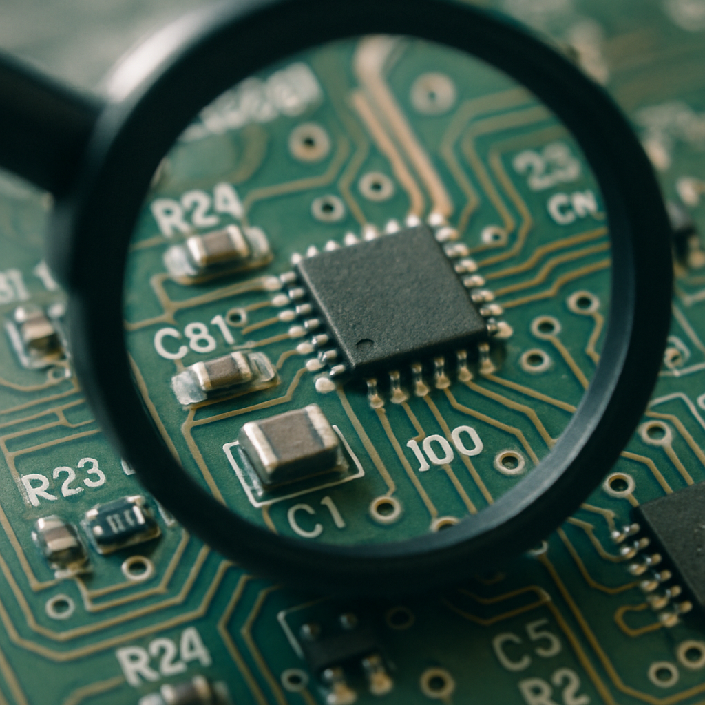 Understanding IPC 6011: Key Concepts Explained 1 A close - up view of a printed circuit board (PCB) through a magnifying glass, showing electronic components such as a chip, resistors, and capacitors with markings like "R23", "R24", "C81", and "J00".
