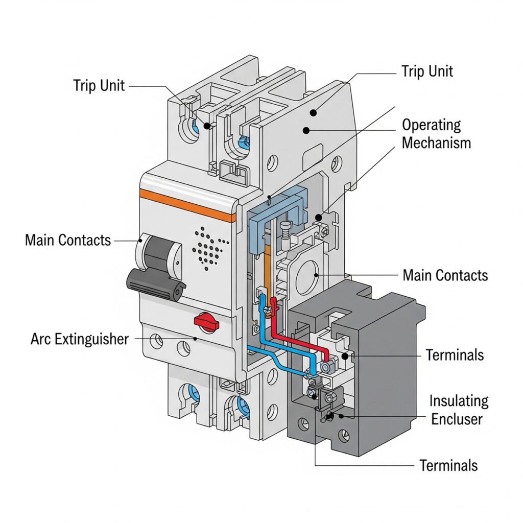 A detailed technical diagram illustrating the internal components of a circuit breaker, with labels pointing to the trip unit, operating mechanism, main contacts, arc extinguisher, insulating enclosure, and terminals.