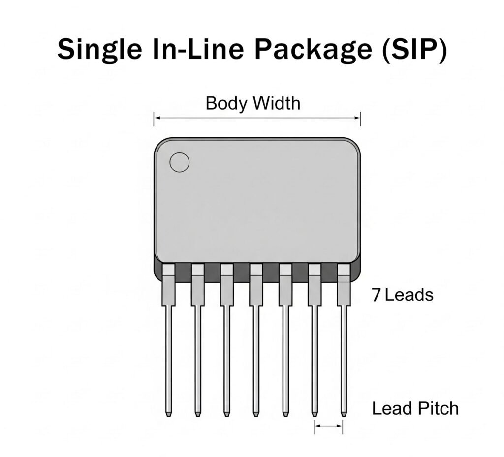 Single Inline Package Explained 1 A schematic illustration of a Single In - Line Package (SIP), highlighting key physical attributes like body width, the arrangement of 7 leads, and lead pitch.